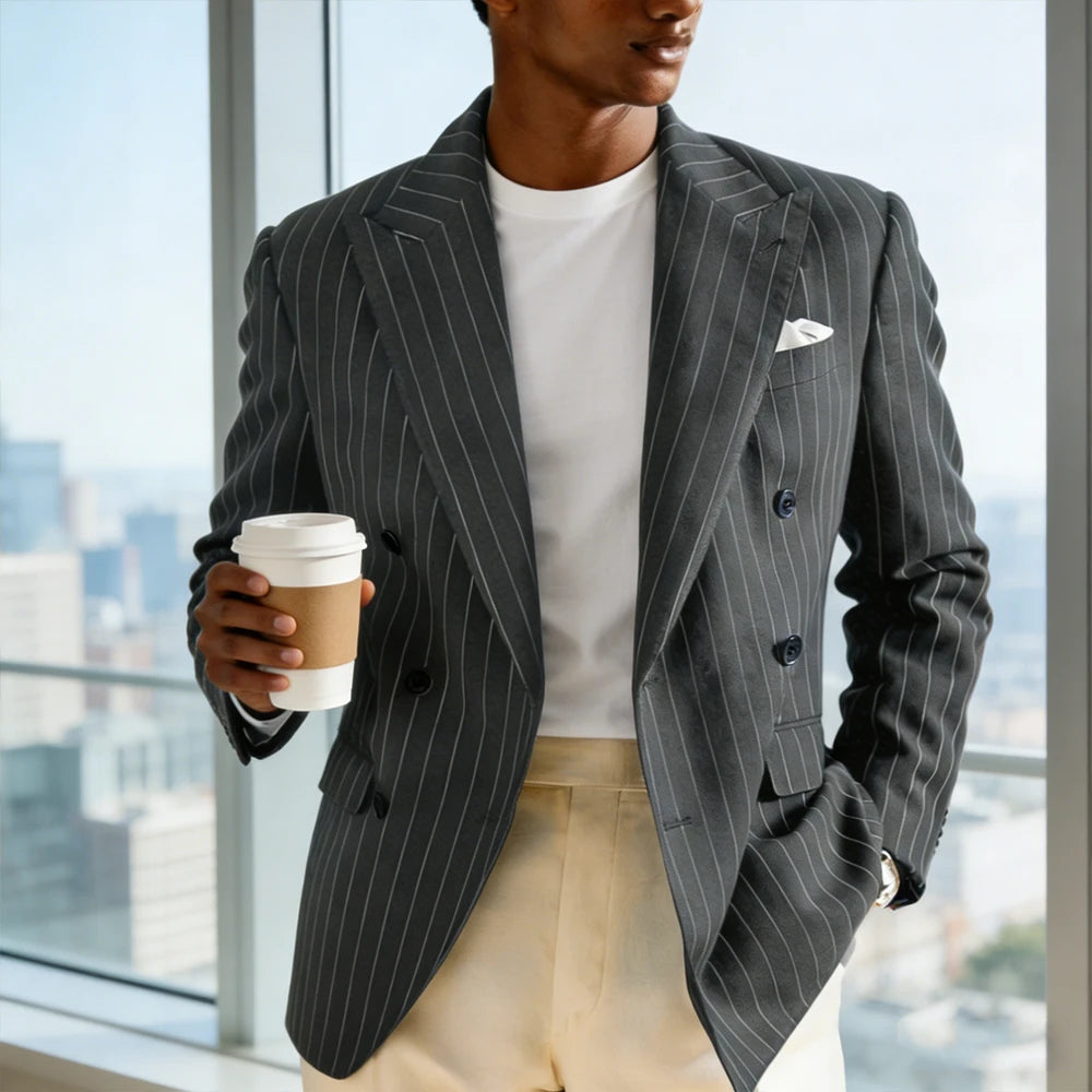 Men's Pinstripe Double Breasted Blazer Classic Peak Lapel Slim Fit Striped Suit Jacket For Party Prom Business Formal Coats