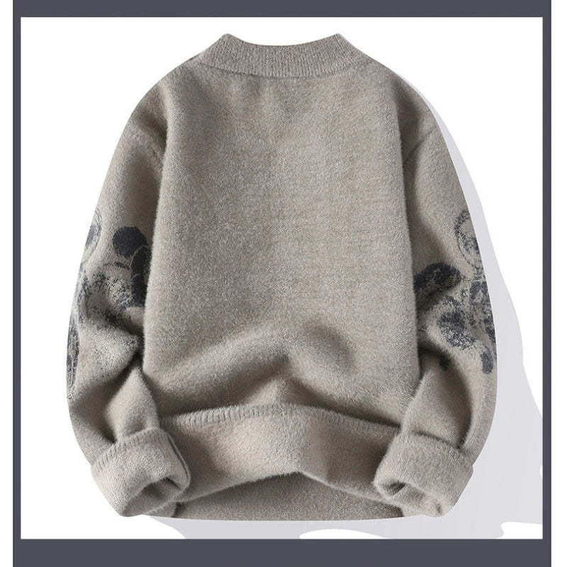 Men's Casual Plush printing Sweater Thickened Jacquard Vintage Streetwear Knitwear Pullover Loose Lazy Style Long Sleeve Sweater