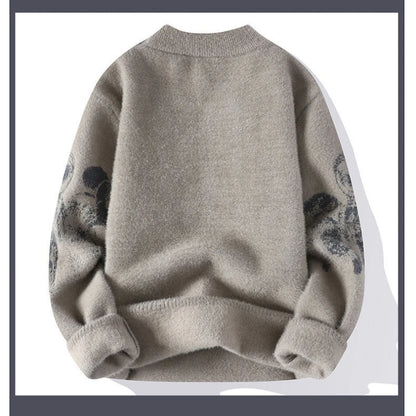 Men's Casual Plush printing Sweater Thickened Jacquard Vintage Streetwear Knitwear Pullover Loose Lazy Style Long Sleeve Sweater