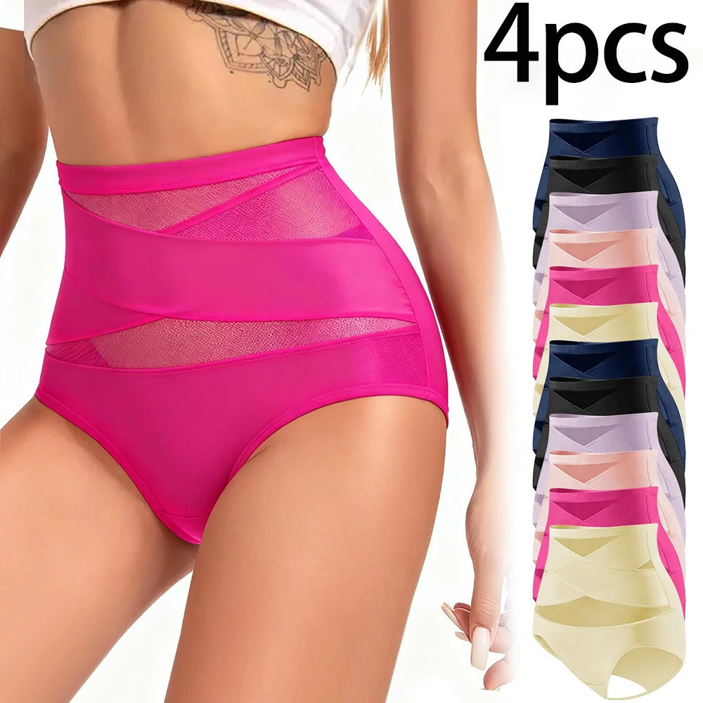 4pcs High Waisted Women's Panties Breathable Tummy Control Shapewear Mesh Cross Tummy Cinching Ice Silk No Trace Triangle Panties Tummy Tuck Shape