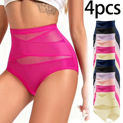 4pcs High Waisted Women's Panties Breathable Tummy Control Shapewear Mesh Cross Tummy Cinching Ice Silk No Trace Triangle Panties Tummy Tuck Shape