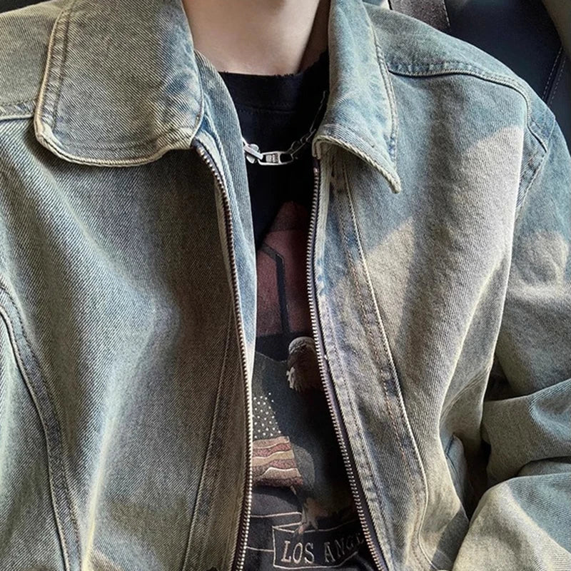 Men's Jeans Jacket Autumn Vintage Washed Casual Denim Jackets Versatile Fashion Korea Style Trendy High Street Outerwear Coat