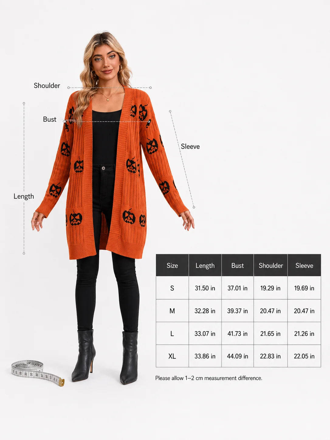 Women Halloween Open Front Cardigan, Pumpkin Face Jacquard Knit Long Sleeve Cardigan, Loose V‑Neck Mid‑Length Sweater Coat with Pockets