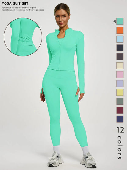 Fitfemme 2Pcs Women's Spring Yoga Sport Suit High Waist Legging Jacket Lifting Running Pants Outdoor Set