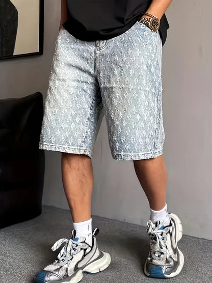 High Street Trendy Ripped Denim Shorts for Men, Plus Size, American Style, Loose Straight-Leg Washed Denim Shorts for Summer
