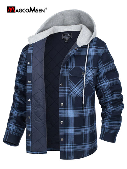 MAGCOMSEN Men's Hooded Flannel Jacket Cotton Autumn Winter Warm Coat Long Sleeve Plaid Shirt