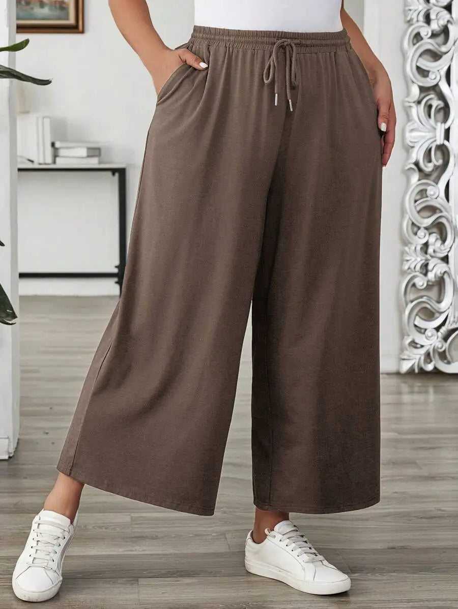 Plus Size Women's Solid Color Drawstring Wide Leg Loose Casual Summer Outfits Pants