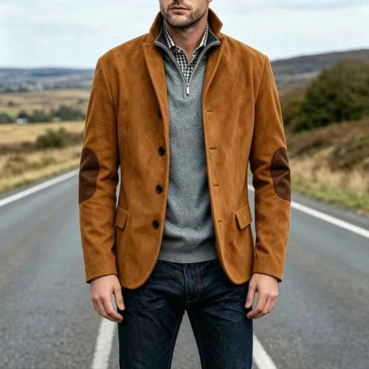 Vintage Men's Suede Blazer Notch Lapel Elbow Patches Slim Fit Jacket Business Casual Men Fashion Outerwear for Spring Autumn