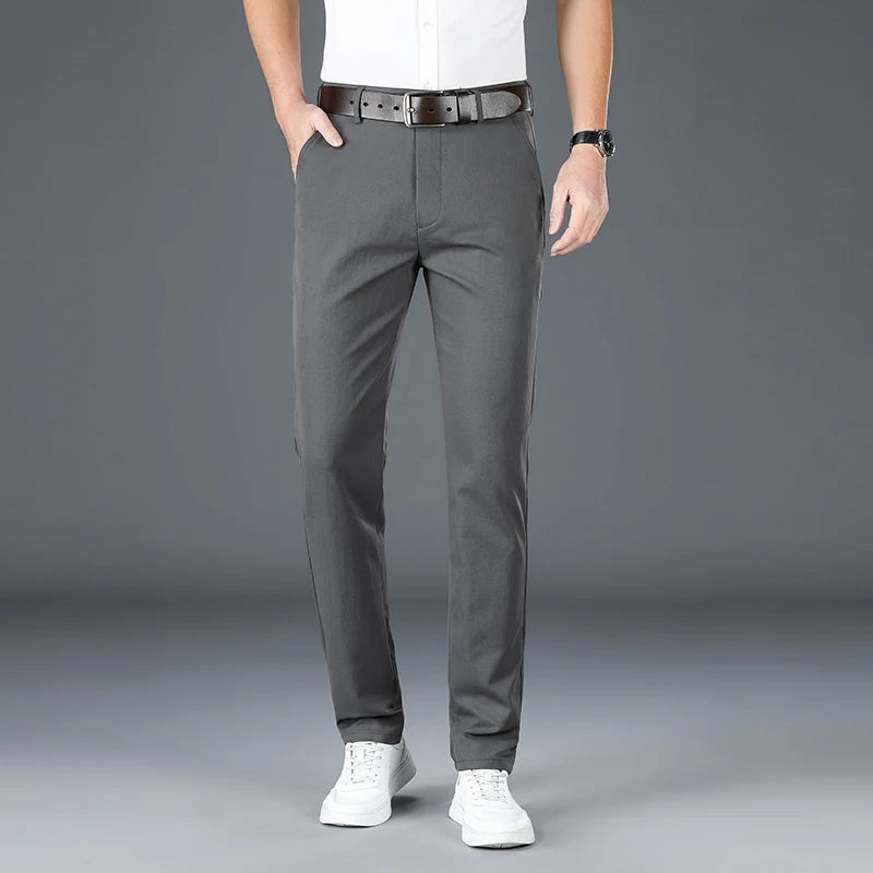 2025 New Men's Business Casual Straight Pants Micro Elastic Burgundy Khaki Black Classic Fashion Brand Four Seasons Trousers