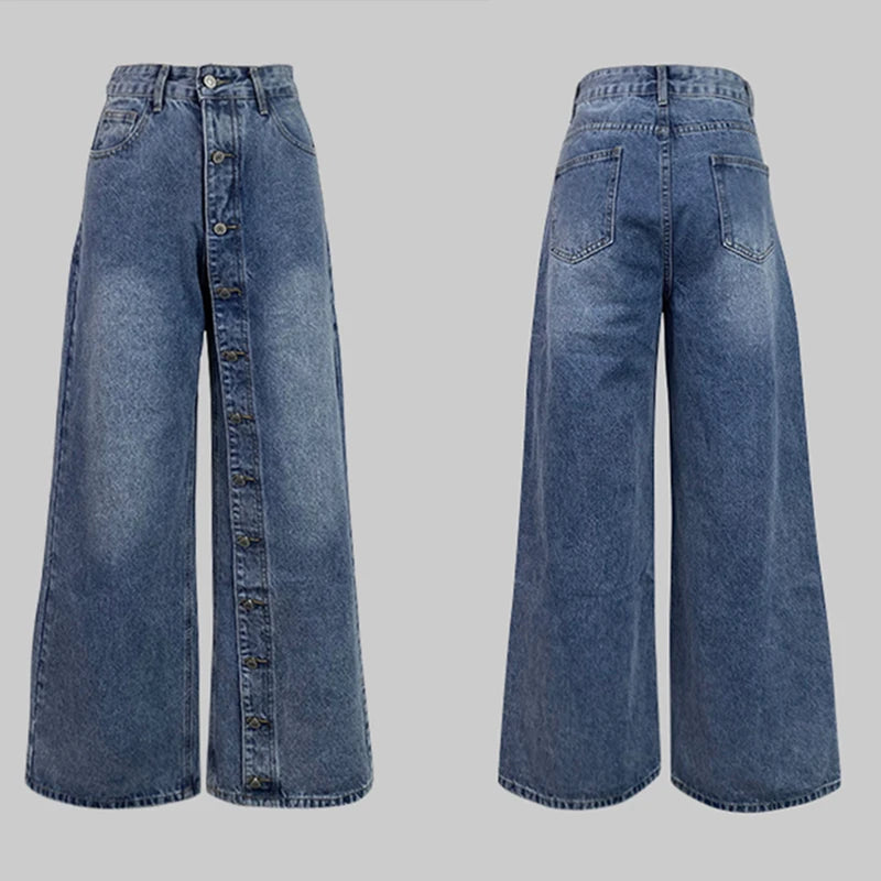 2026 New Women's Wide Leg Denim Pants Vintage Blue Washed Single-Breasted High Waist Retro Loose Jeans Casual Streetwear Bottoms