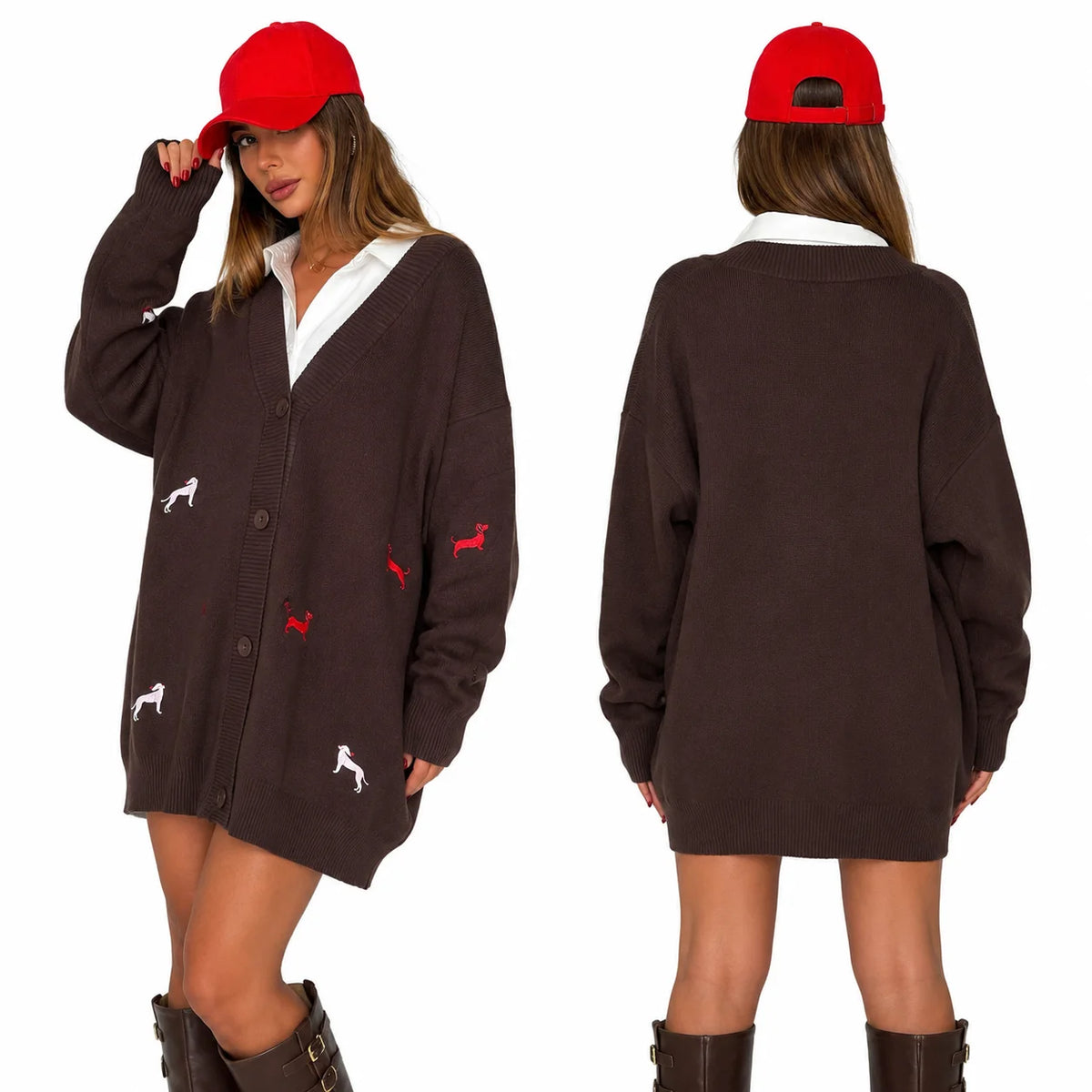 Dog Embroidery Oversized Knit Cardigan for Women, V‑Neck Button Down Long Sleeve Drop Shoulder Loose Sweater Jacket for Fall Winter Casual Outfits