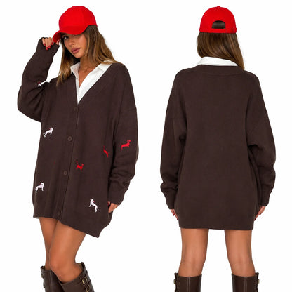Dog Embroidery Oversized Knit Cardigan for Women, V‑Neck Button Down Long Sleeve Drop Shoulder Loose Sweater Jacket for Fall Winter Casual Outfits