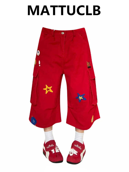 Summer Women Korean Jorts Cargo Denim Shorts Japanese Embroidery Harajuku Jean Cowboy Pants 2000s Shoujo Kpop Tide Y2k Grunge