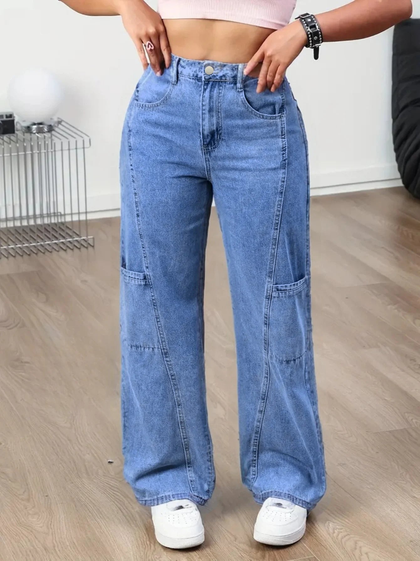 Women's Wide-Leg Casual Trousers Denim Stretch Multi-Pocket Long Pants Comfortable Fit Denim Jeans