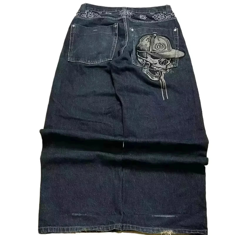Street Fashion Trend Skull Embroidered Jeans Women Straight Wide-leg Pants Couple Casual Jeans