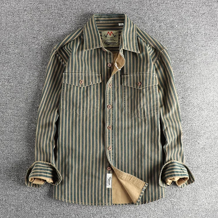 2025 Autumn and Winter New American Retro Stripe Long-Sleeve Lapel Shirt Men's Simple Fashion Washed Multi-Pocket