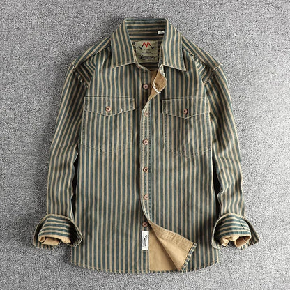 2025 Autumn and Winter New American Retro Stripe Long-Sleeve Lapel Shirt Men's Simple Fashion Washed Multi-Pocket