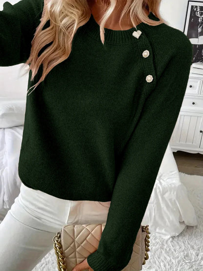 Women Asymmetrical Gold Button Crew Neck Knit Sweater, Soft Solid Long Sleeve Casual Pullover Jumper For Spring Autumn Daily Wear