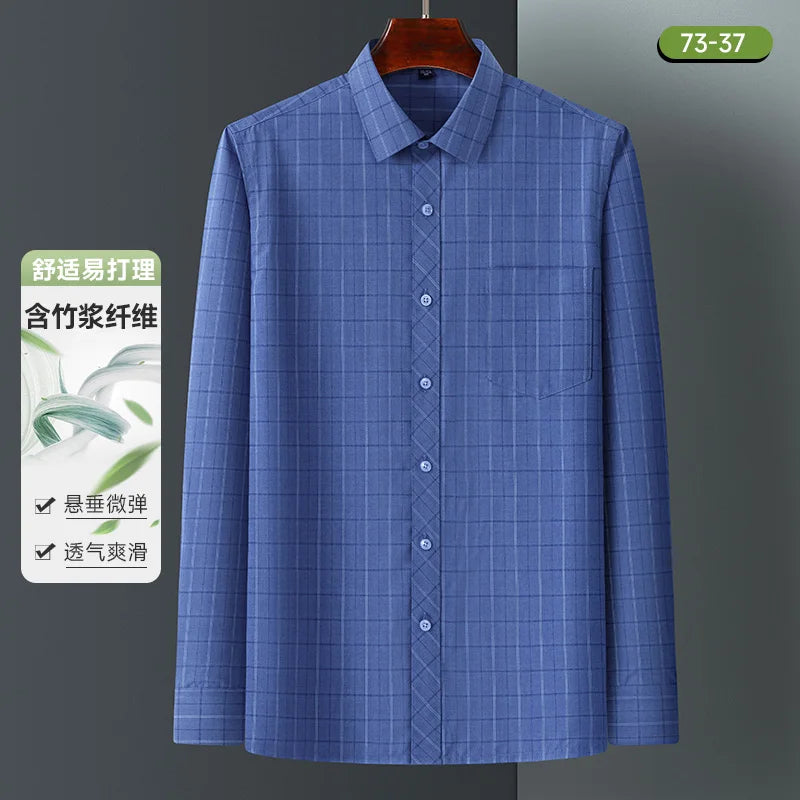Bamboo Fiber Mens Business Shirt Long Sleeve Casual Plaid Print Stripe Fashion Anti-Wrinkle Button Up Social Oversized S-7XL 5XL
