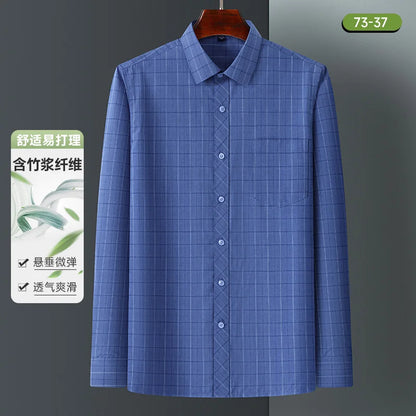 Bamboo Fiber Mens Business Shirt Long Sleeve Casual Plaid Print Stripe Fashion Anti-Wrinkle Button Up Social Oversized S-7XL 5XL