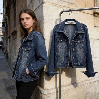 Womens Slim Short Denim Jacket Washed Casual Long Sleeve Fashion Coat Spring Autumn