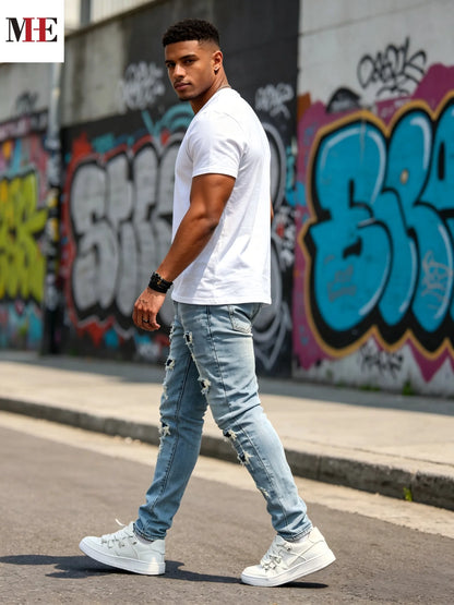 HME Men's Stretch Denim Pants, Light Blue Slim Skinny Jeans with Rips & Patches for Comfort