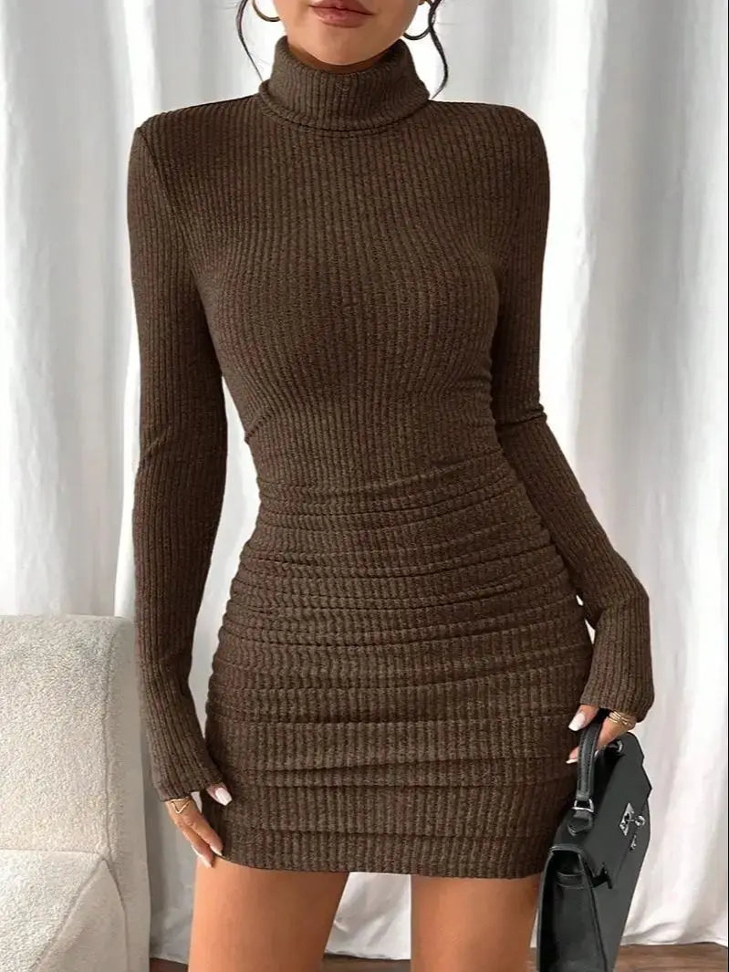 Women's High Neck Slim Fit Dress Pit Stripe Knitted Texture Design for Daily Life Spring Autumn