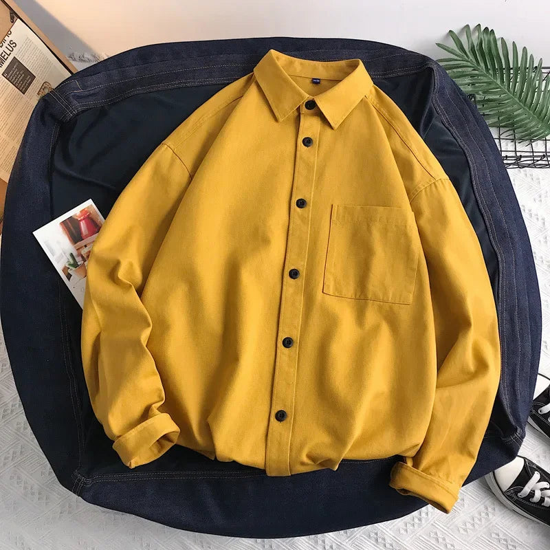 Heavy duty pure cotton shirt men's long sleeved ins trendy loose jacket for spring inner wear casual workwear shirt