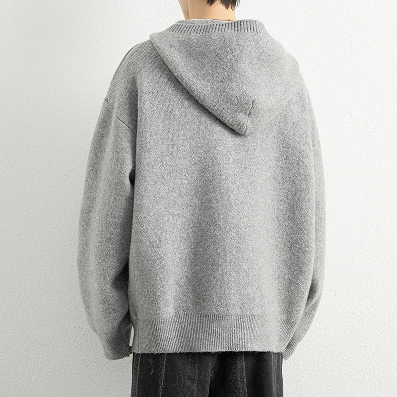 Legible Autumn Winter Casual Sweaters Men Solid Color Hooded Sweatercoats Male Loose Zip-up Knitted Cardigan Man