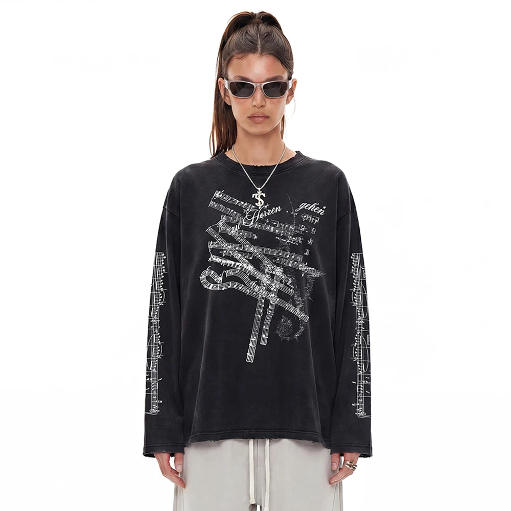 Gothic Print Oversized Y2k T-shirt Men Clothing Distressed Ripped Graphic T Shirts Vintage Punk Man Tops Long Sleeve Cotton Tees