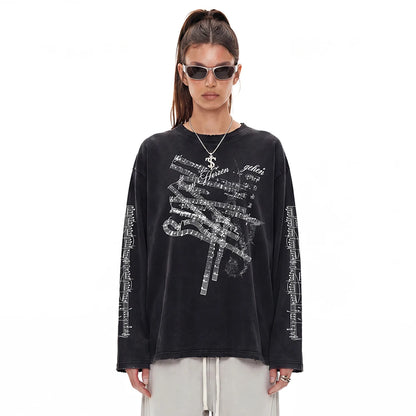 Gothic Print Oversized Y2k T-shirt Men Clothing Distressed Ripped Graphic T Shirts Vintage Punk Man Tops Long Sleeve Cotton Tees