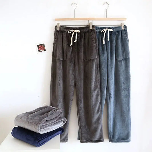 Flannel Men's Pajama Pants Thickened Loose Fleece Straight Pants Coral Fleece Sleep Bottoms Thickness Can Be Worn Outside