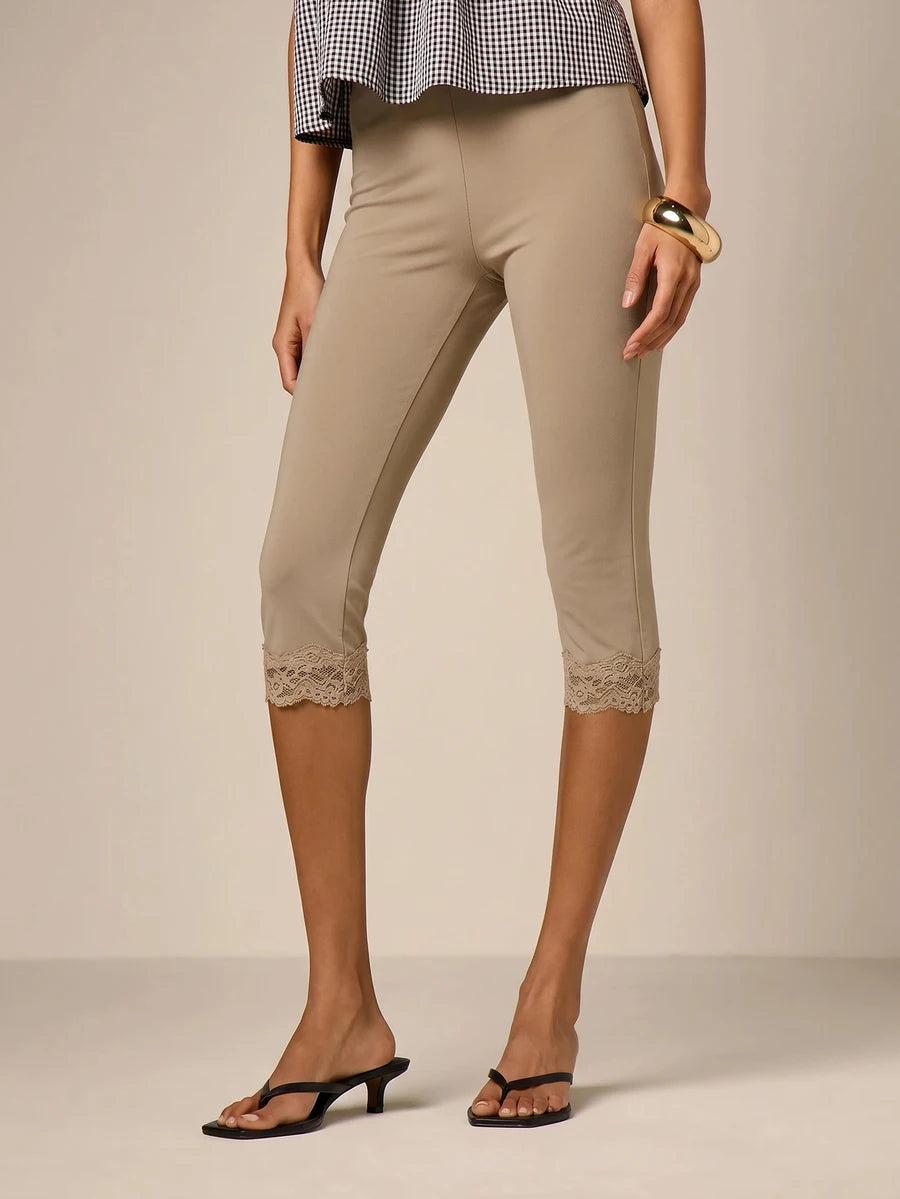 AiiRZ Lace Trim Capri Leggings High Waist Stretchy Jersey Crop Pants Elegant Spring Summer Casual Wear