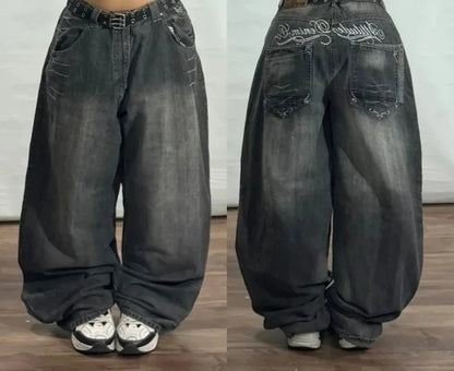 2026 American New Fashion Star Pattern Embroidery Old Jeans Women Y2K Gothic Hip-hop Casual Joker Straight Wide-leg Trousers