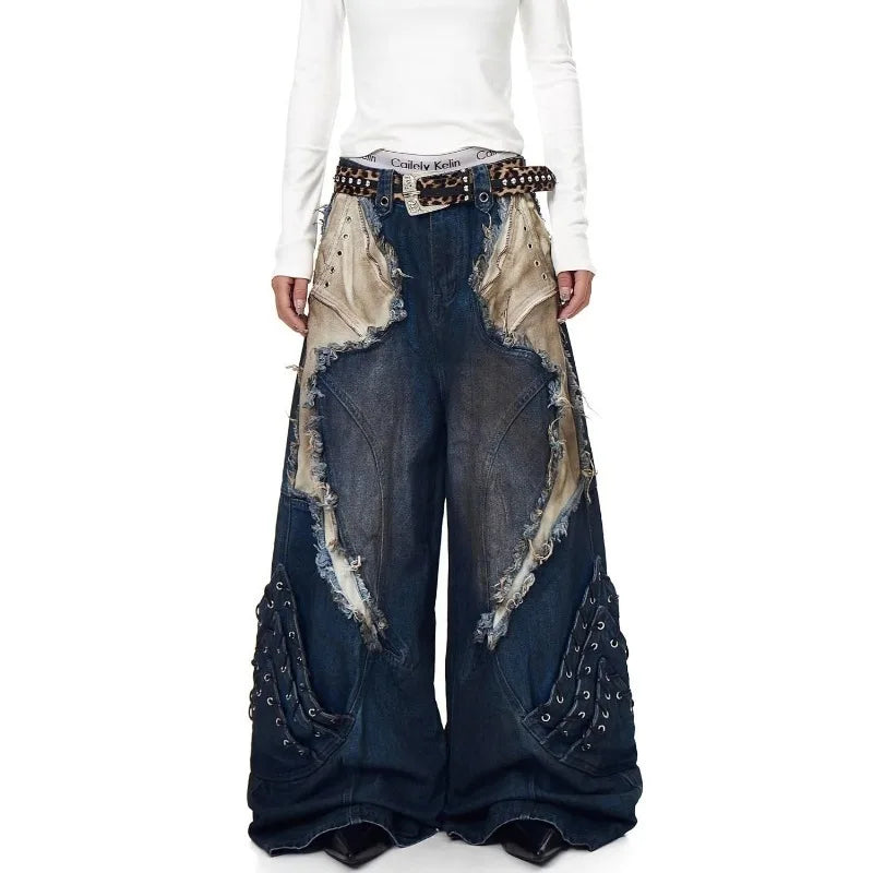 2026 New American  Jeans with Old Washing and Splicing Burrs Women Y2K Hip Hop Popular Casual Joker Wide-leg Pants