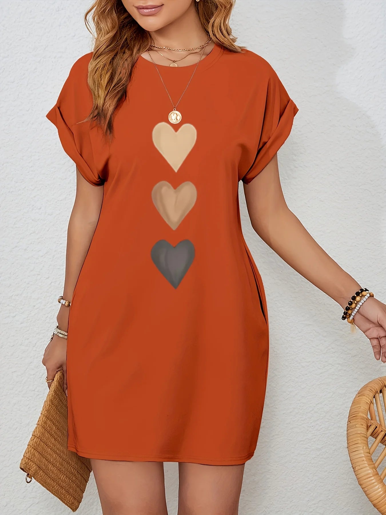 Women'S Casual Knit TShirt Dress with Heart  Print Crew Neck Short Sleeve Fashionable Top Black with Colorful Flag Design