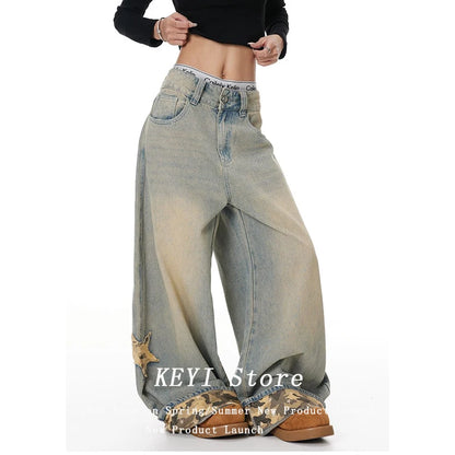 American Retro Y2K Style Star Patchwork Baggy Women's Jeans Pants  Clothing Washed Blue Wide Leg Loose Denim Trousers