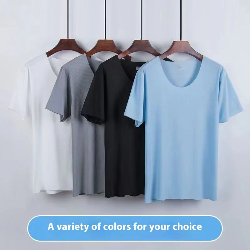 Men's Two-Piece Summer Thin Section Senior Ice Silk Feeling Round Neck Solid Color Short Sleeve Suit Sports Casual Homewear