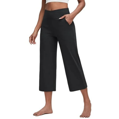 G4Free Capri Pants for Women Wide Leg Yoga Dress Capris with Pockets Cross Loose Casual Work Crop Pants