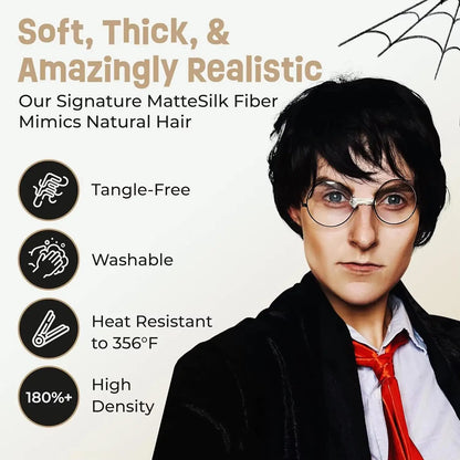 Boy Wizard Wig Glasses Character Set Short Black Wigs Adults | Compatible with Harry Potter Synthetic Wig
