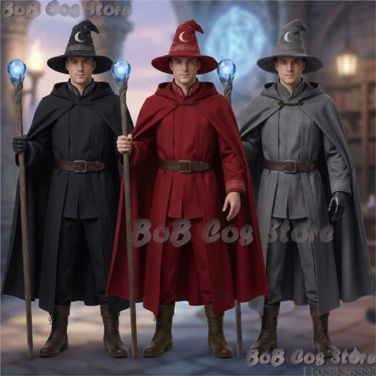 Star and Moon Magic Magician Cosplay Costume Magic Robe 3 Colours Black Gray Red Long Robe Big Hat Halloween S-2XL Clothes Cos