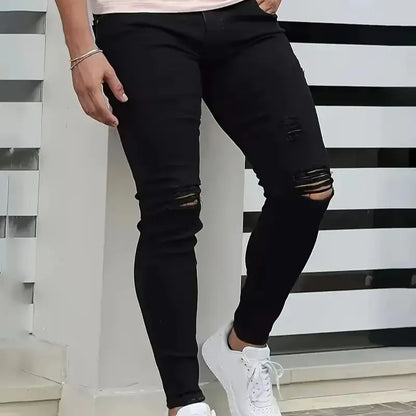 Men's Slim-Fit Ripped Jeans - Stylish Black Distressed Denim with Raw Hem,