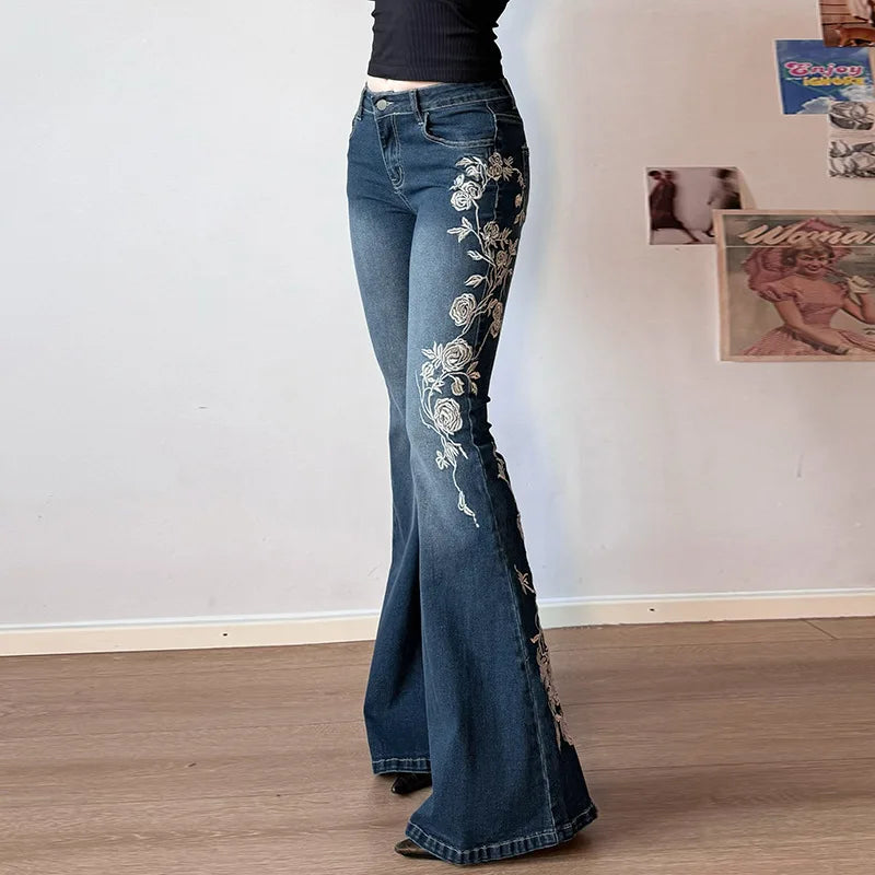 2026 Denim Trousers Y2K Flare Pants Jeans Women Embroidery Boot Cut Low Waist Washed Distressed Pockets Floor Length Streetwear