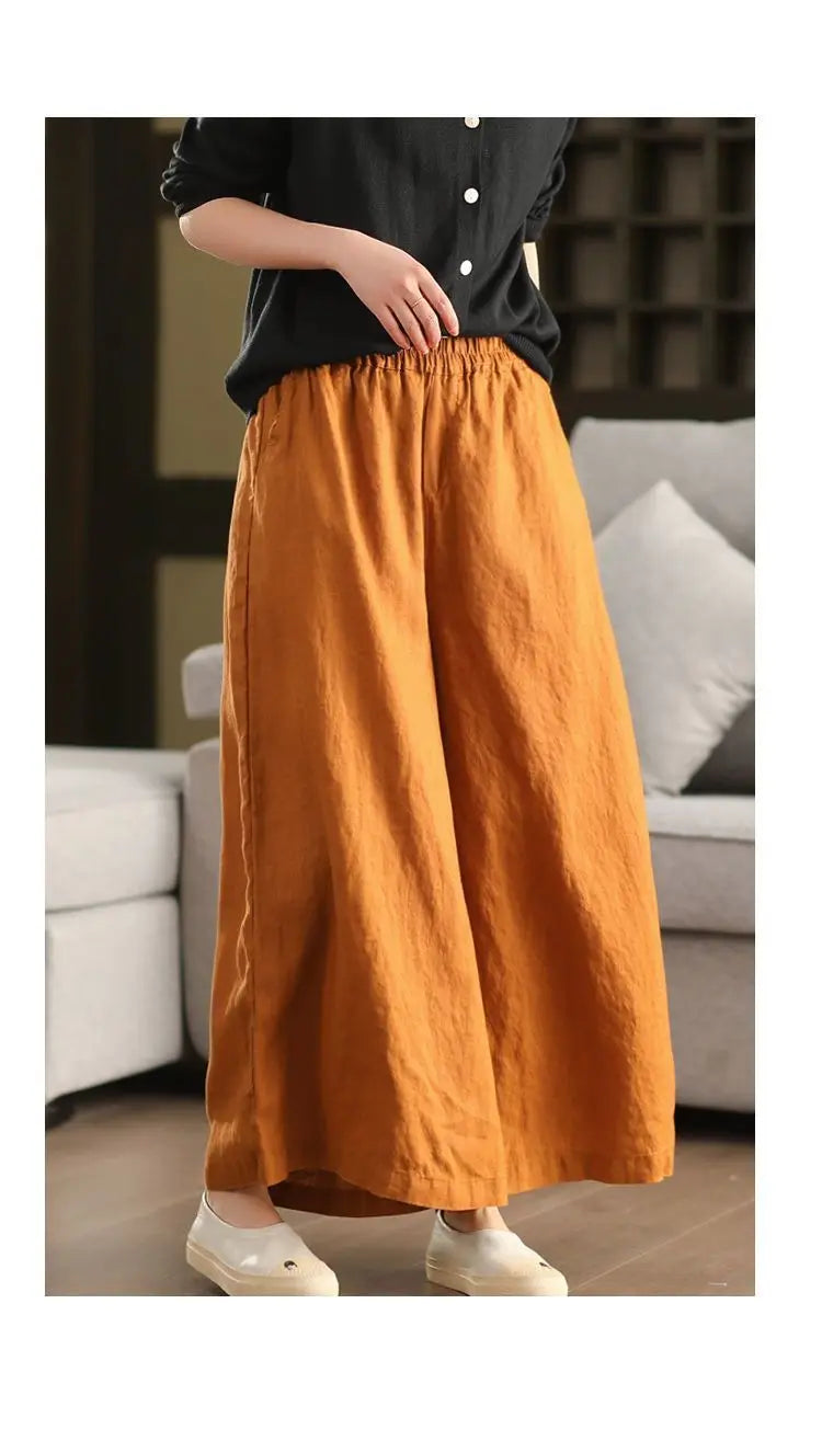 Plus Size Women's Casual Retro Elastic Waist Wide Leg Women's Clothing Cotton Linen Comfortable Office Lady