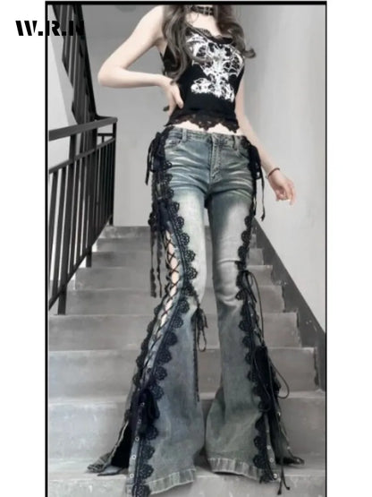 Retro Eyelets Lace Up Flare Jeans Stitch Lace Whiskers Slim Low Rise Split Bootcut Pants Women Bell Bottoms Streetwear