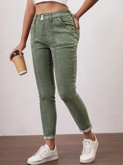 Women's Stretch Jeans High-Waisted Army Green Skinny Cuffed Hem Pants Splicing Design Autumn Casual Outdoor Trousers