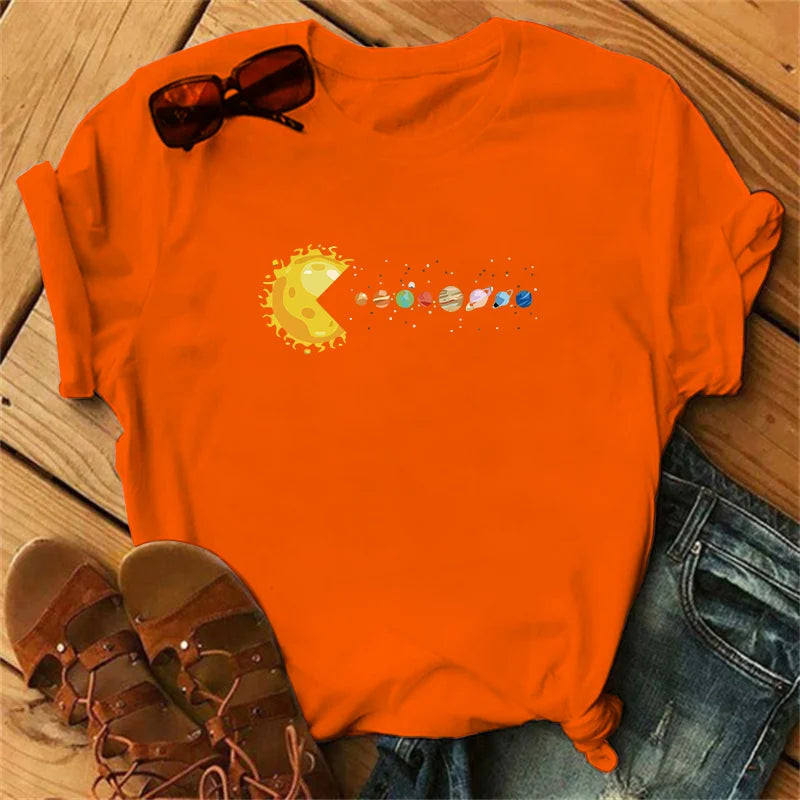 Planetary-themed solar system print T-shirt for women, luxury brand T-shirt, summer fashionable short-sleeved T-shirt