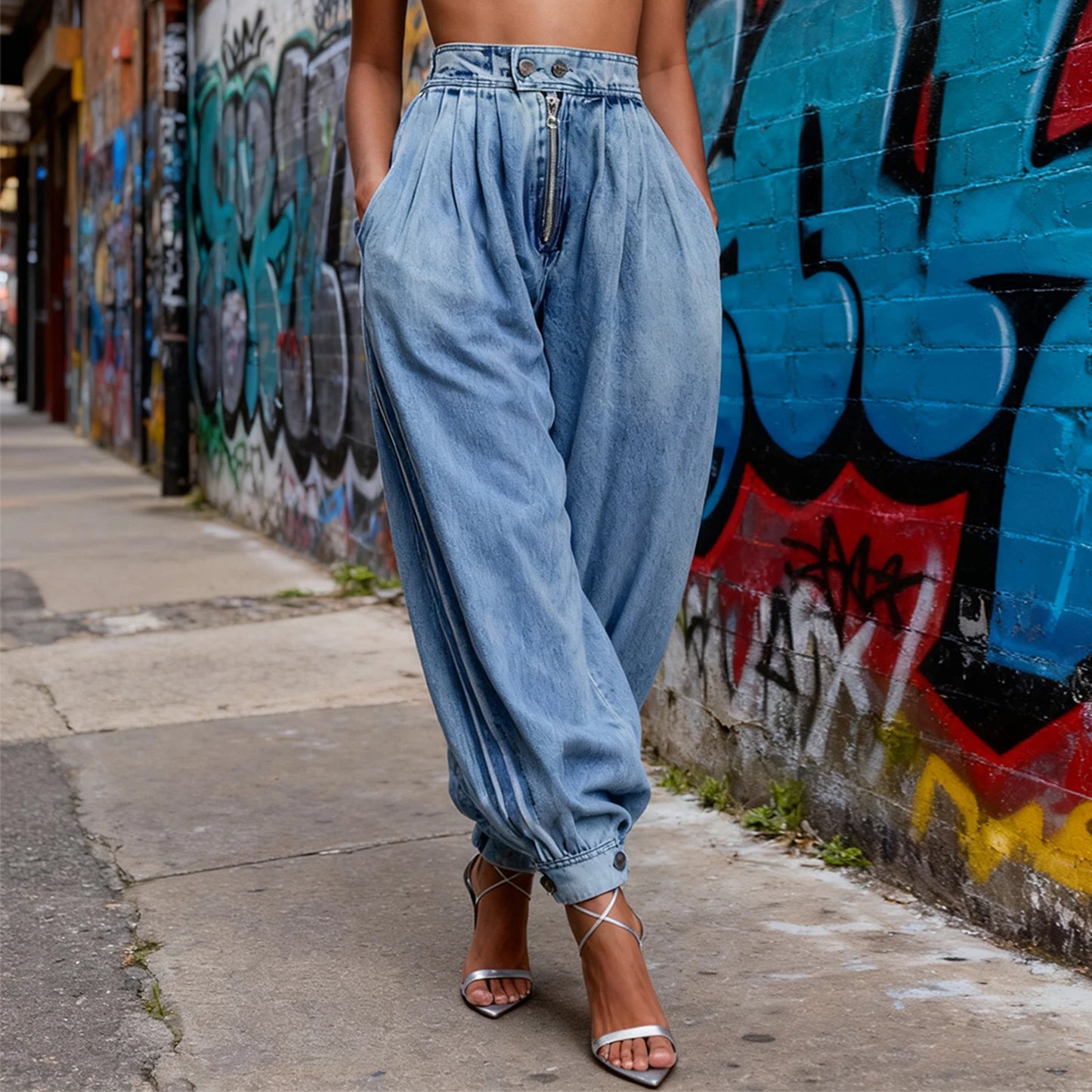 Women Harem Denim Pants Causal High Waist Wide Leg Baggy Solid Color Trousers with Pockets