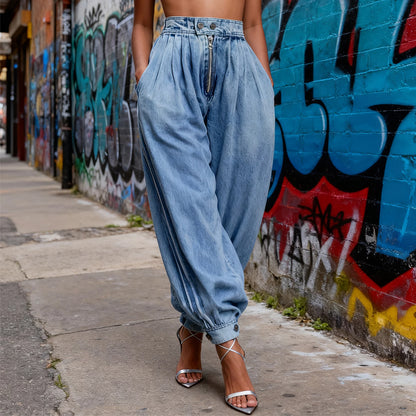 Women Harem Denim Pants Causal High Waist Wide Leg Baggy Solid Color Trousers with Pockets