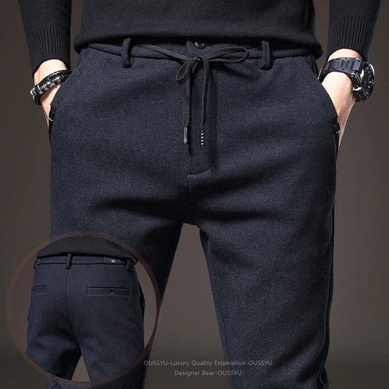 Good Quality Autumn Casual Pants Men Business Slim Elastic Waist Stretch Work Brushed Fabric Blue Trousers Male Brand Clothes